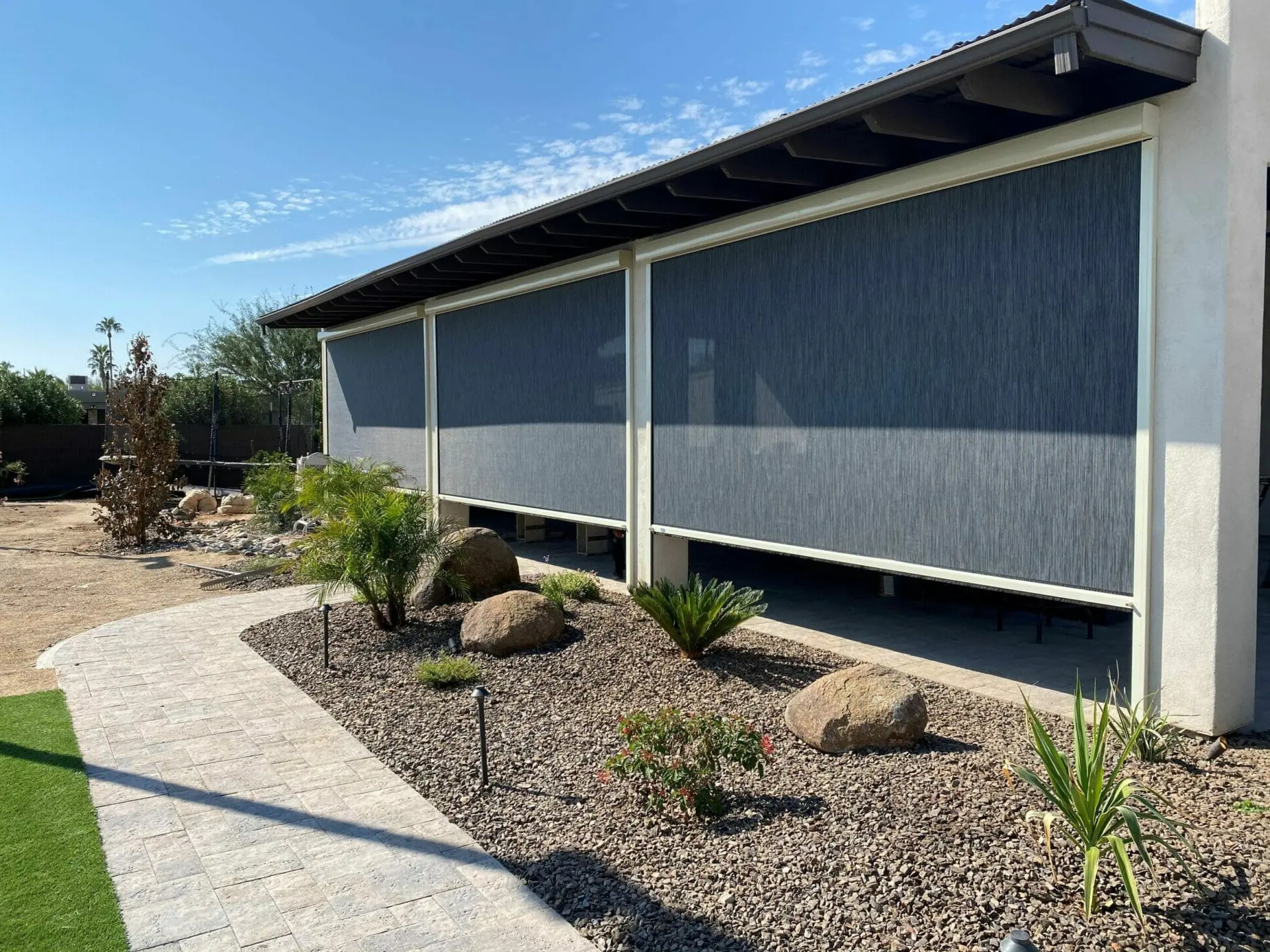 MagnaTrack exterior shades installed on a modern patio in Boise, Idaho by Boise Blinds