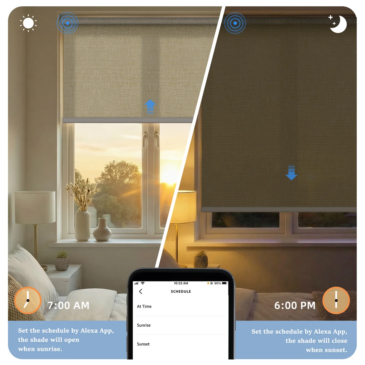 Sombra smart roller shade automation — schedule shades to open at sunrise and close at sunset
