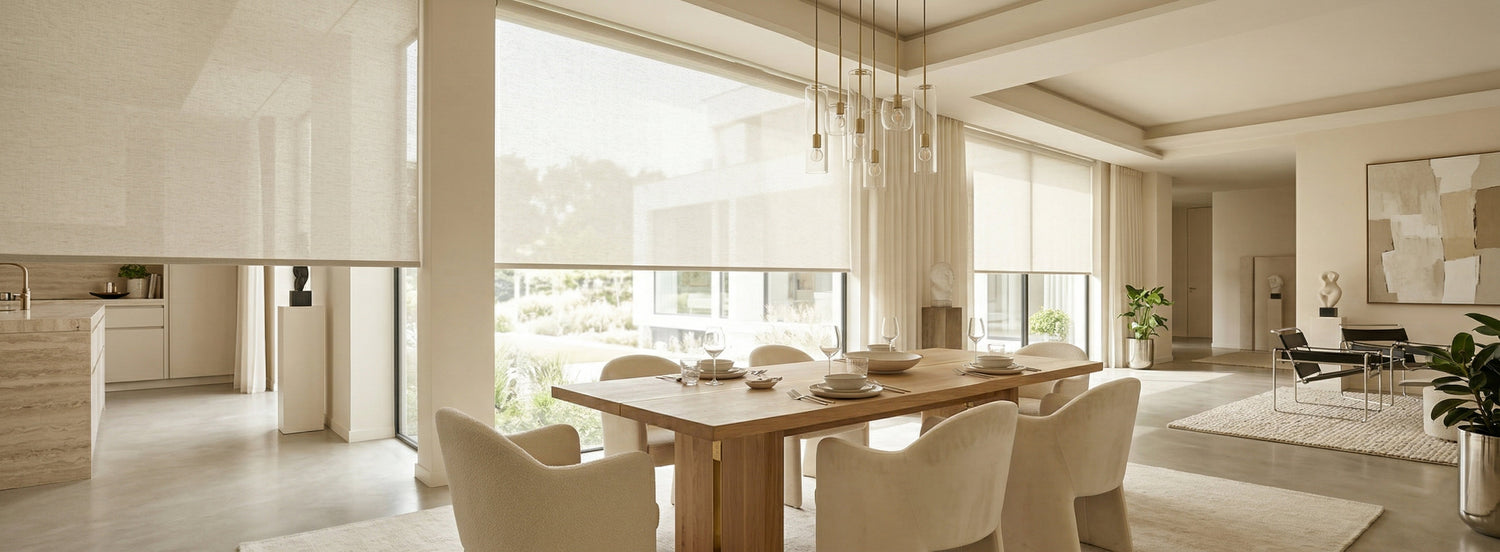 Sombra motorized roller shades in a modern room — Boise Blinds Idaho