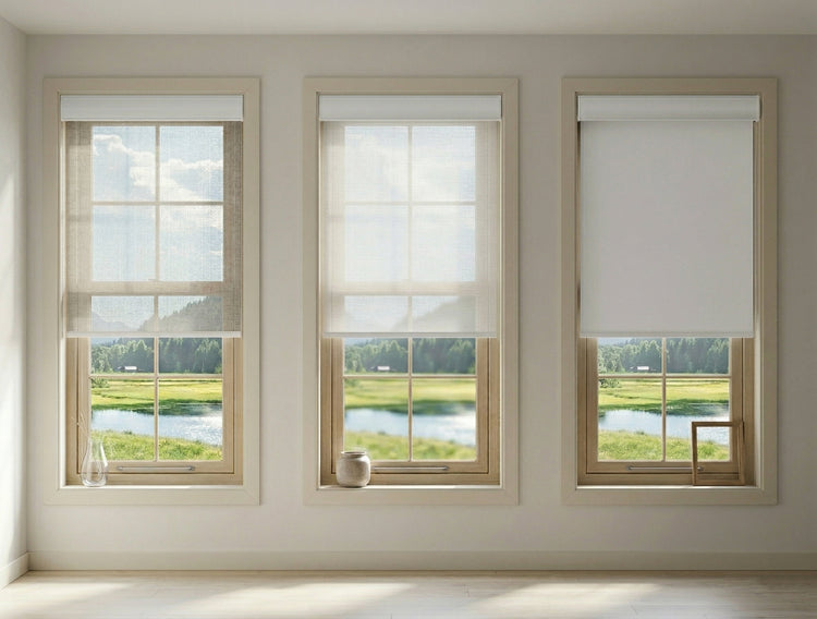 Three roller shades showing different transparency levels — Boise Blinds