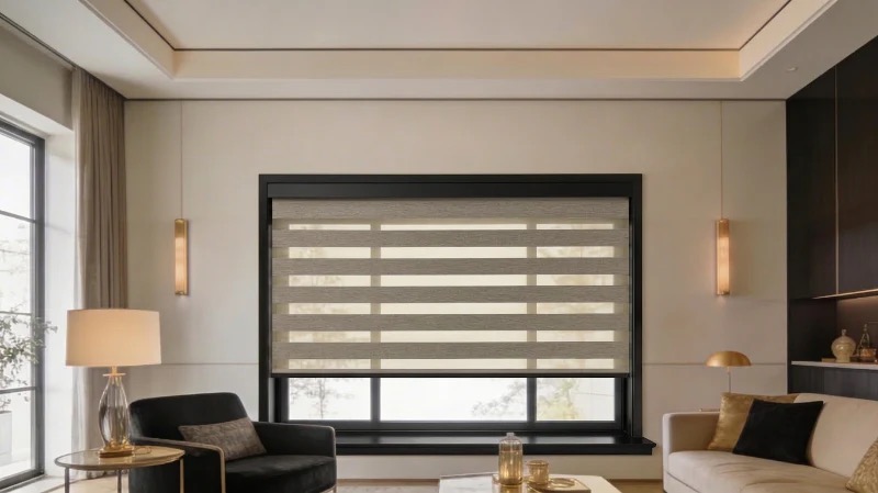 Sombra Zebra Shades installed in an elegant living room with black cassette and warm neutral fabric — Boise Blinds
