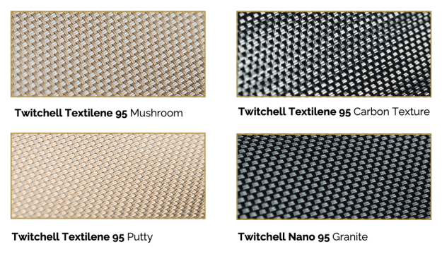 Four Twitchell Textilene fabric textures: Mushroom, Carbon, Putty, Granite.