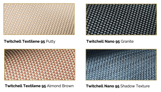 Twitchell fabric textures: Putty, Granite, Almond Brown, Shadow.